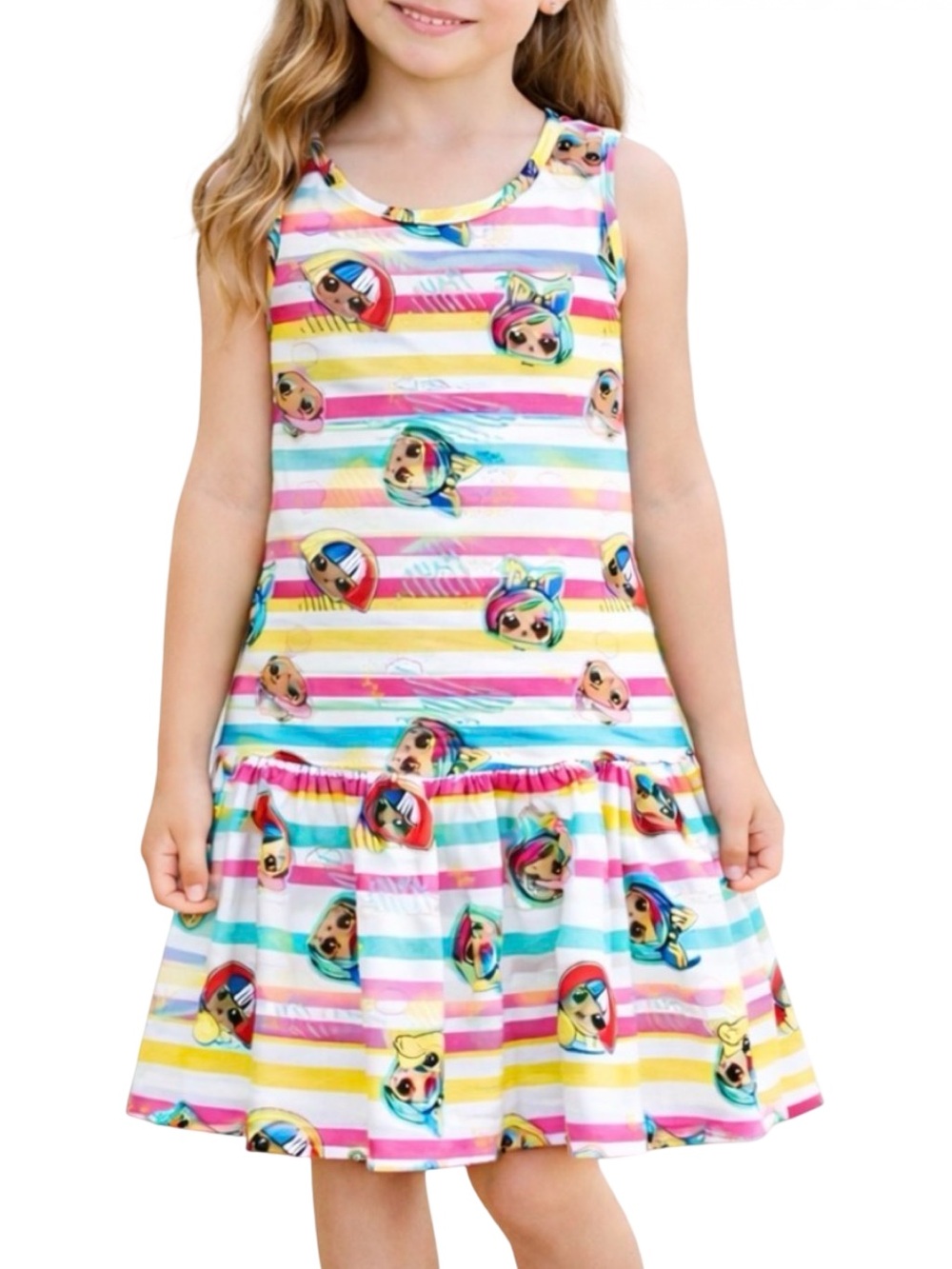 Girls LOL Surprise Rainbow Stripe Sleeveless Summer Dress Size Medium 7-8